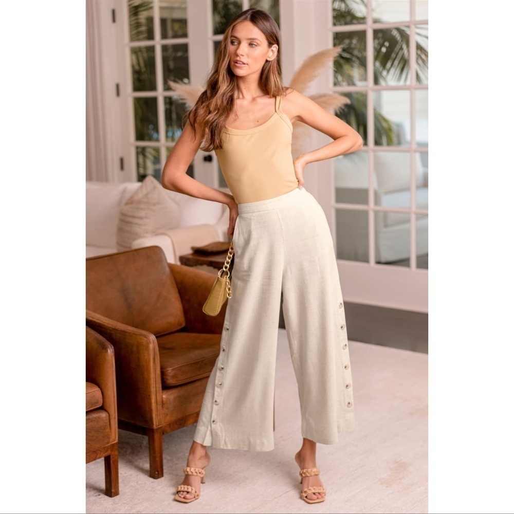 LULU’S Tropical Resort Beige Wide Leg Side Button Pants